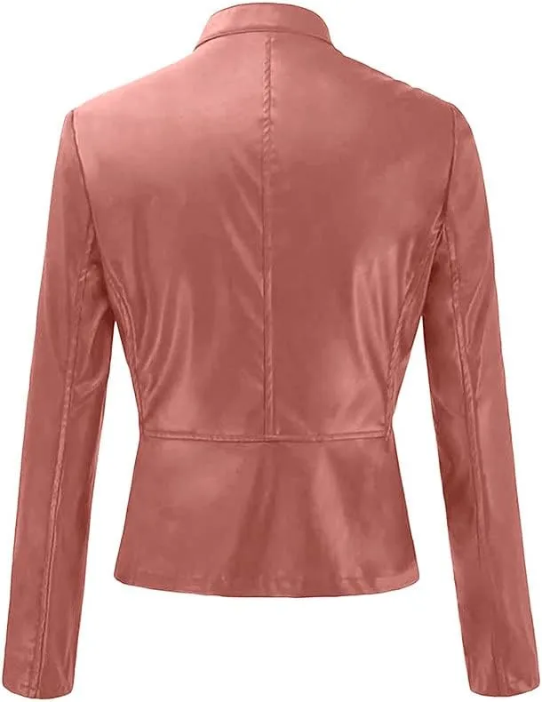 Miyaomn Women's Punk Zip Up Moto Biker Crop Jackets PU Faux Leather Slim Fit Collared Long Sleeve Petite Short Coat Outerwear