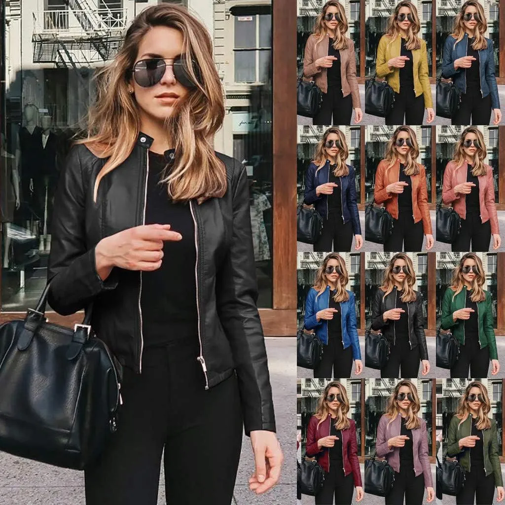 Miyaomn Women's Punk Zip Up Moto Biker Crop Jackets PU Faux Leather Slim Fit Collared Long Sleeve Petite Short Coat Outerwear
