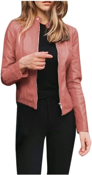 Miyaomn Women's Punk Zip Up Moto Biker Crop Jackets PU Faux Leather Slim Fit Collared Long Sleeve Petite Short Coat Outerwear
