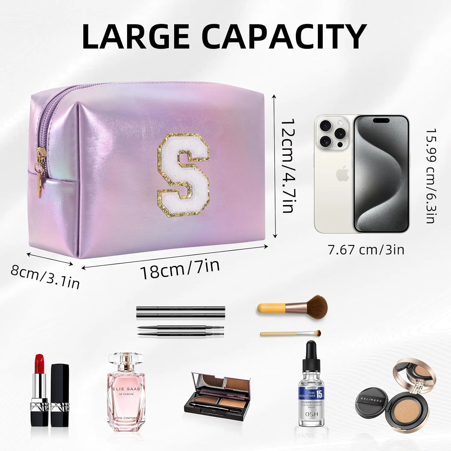 Monogrammed Gift for Women Girls,Personalized Initial Cosmetic Bag Preppy Makeup Bag with Zipper,Cute Makeup Pouch, Waterproof Toiletry Bag,Personalized Gift for GirlBridesmaids (Letter-S)