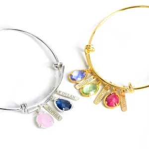 Mother's Bangle Bracelet with Name Bar Charms, Half Bezel Birthstone Pendants
