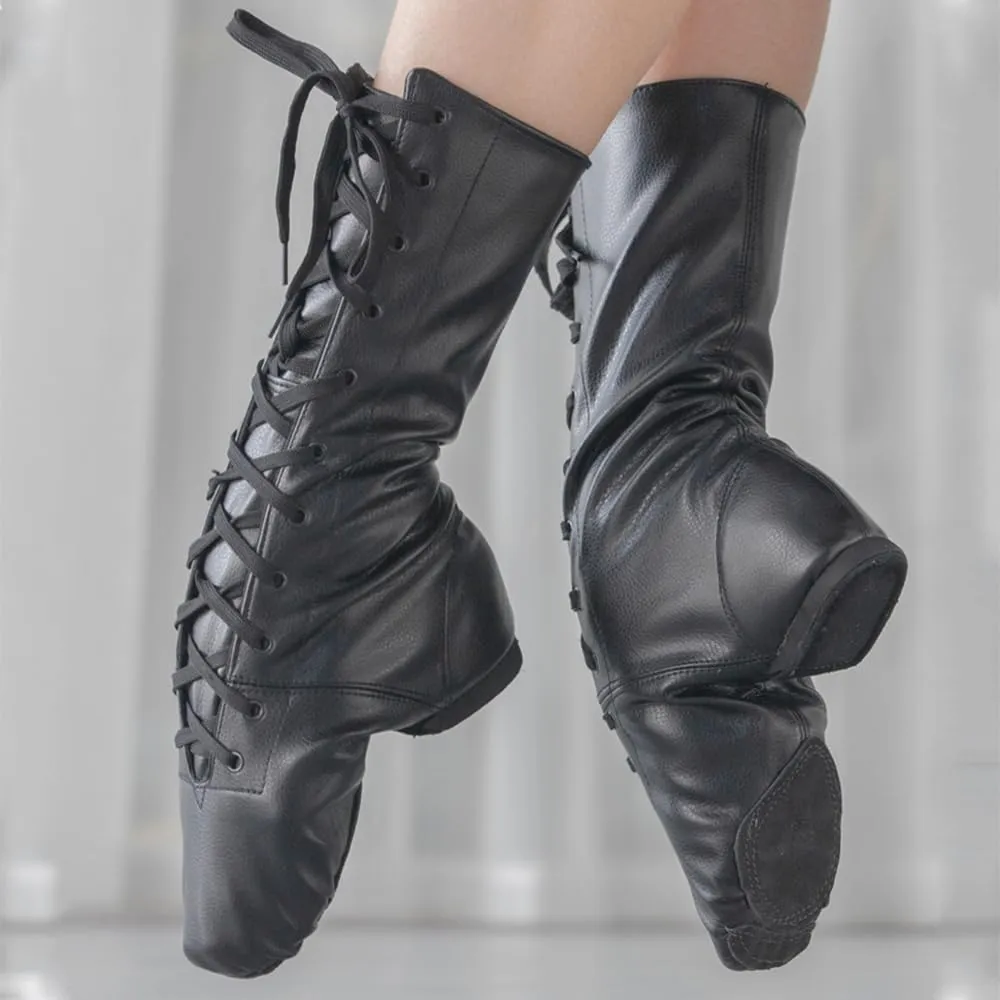 MSMAX Jazz Shoes for Women Black Leather High Top Renaissance Boots for Men