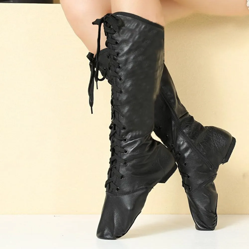 MSMAX Jazz Shoes for Women Black Leather High Top Renaissance Boots for Men