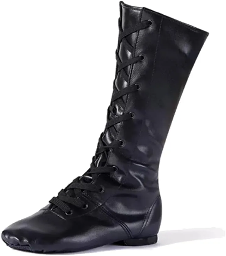 MSMAX Jazz Shoes for Women Black Leather High Top Renaissance Boots for Men