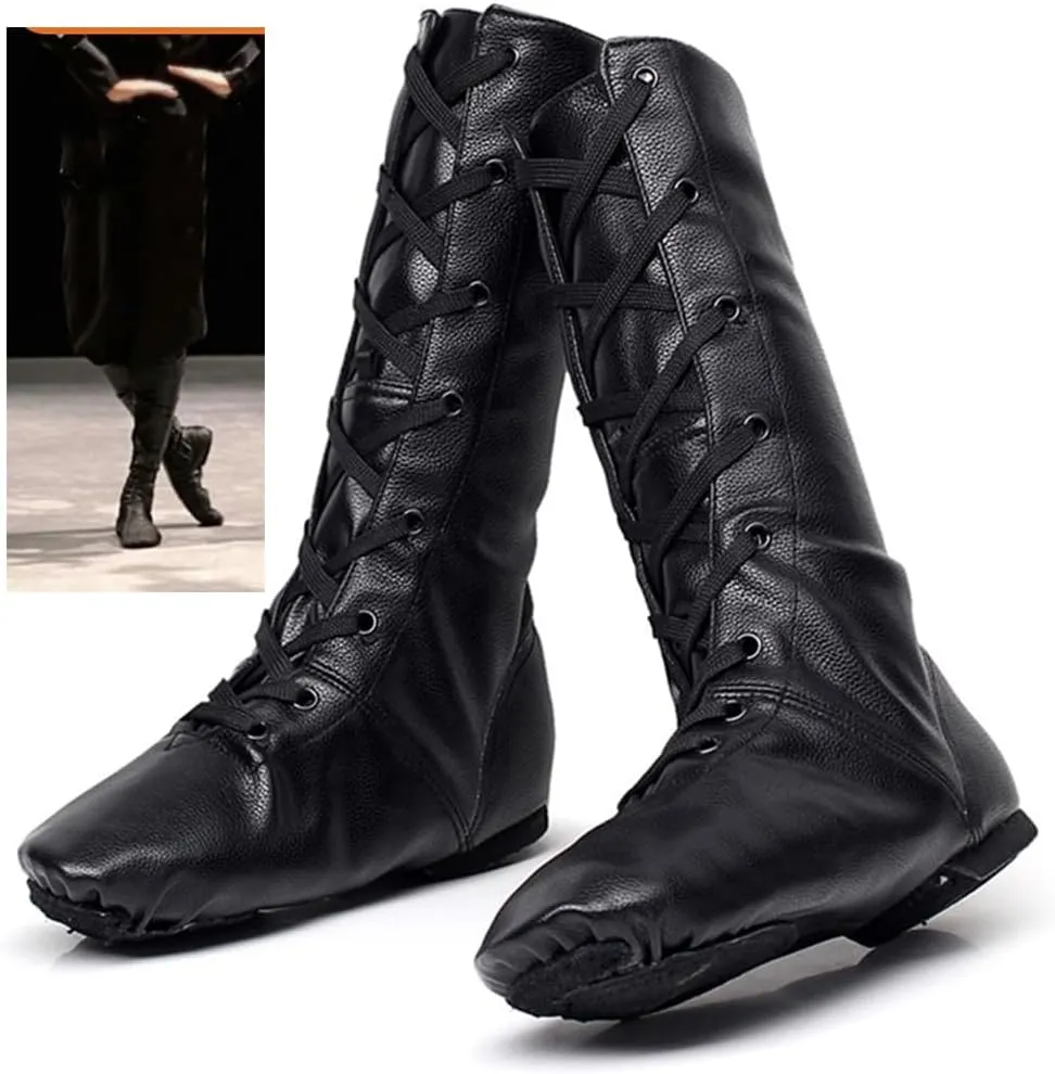 MSMAX Jazz Shoes for Women Black Leather High Top Renaissance Boots for Men