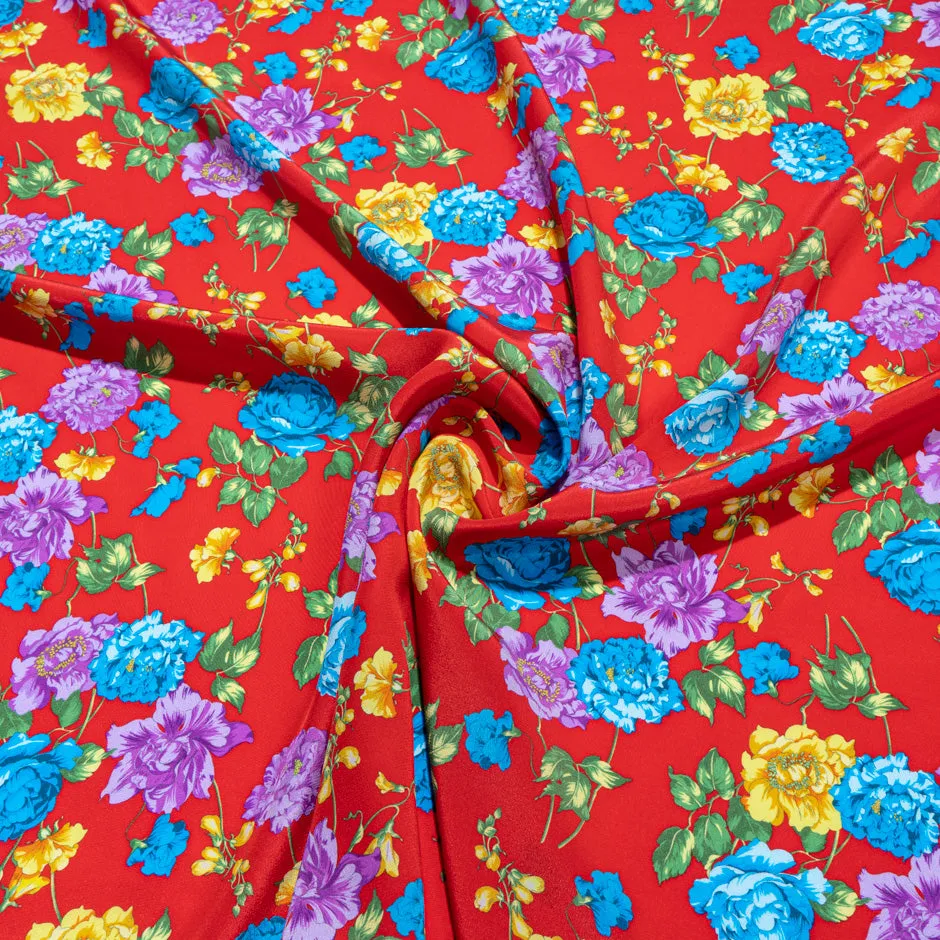 Multi-Coloured Floral Printed Red Silk Crêpe de Chine