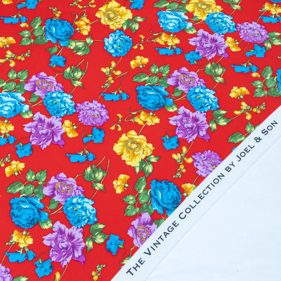 Multi-Coloured Floral Printed Red Silk Crêpe de Chine