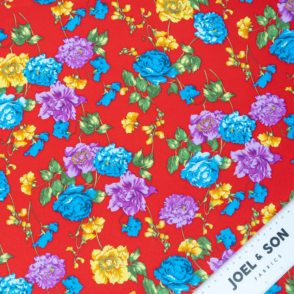Multi-Coloured Floral Printed Red Silk Crêpe de Chine