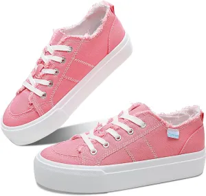 Obtaom Women Platform Canvas Sneakers White Comfort Play Fashion Sneakers Casual Lift Platform Lace Up Shoes Cute Low Top Walking Shoes for Lady