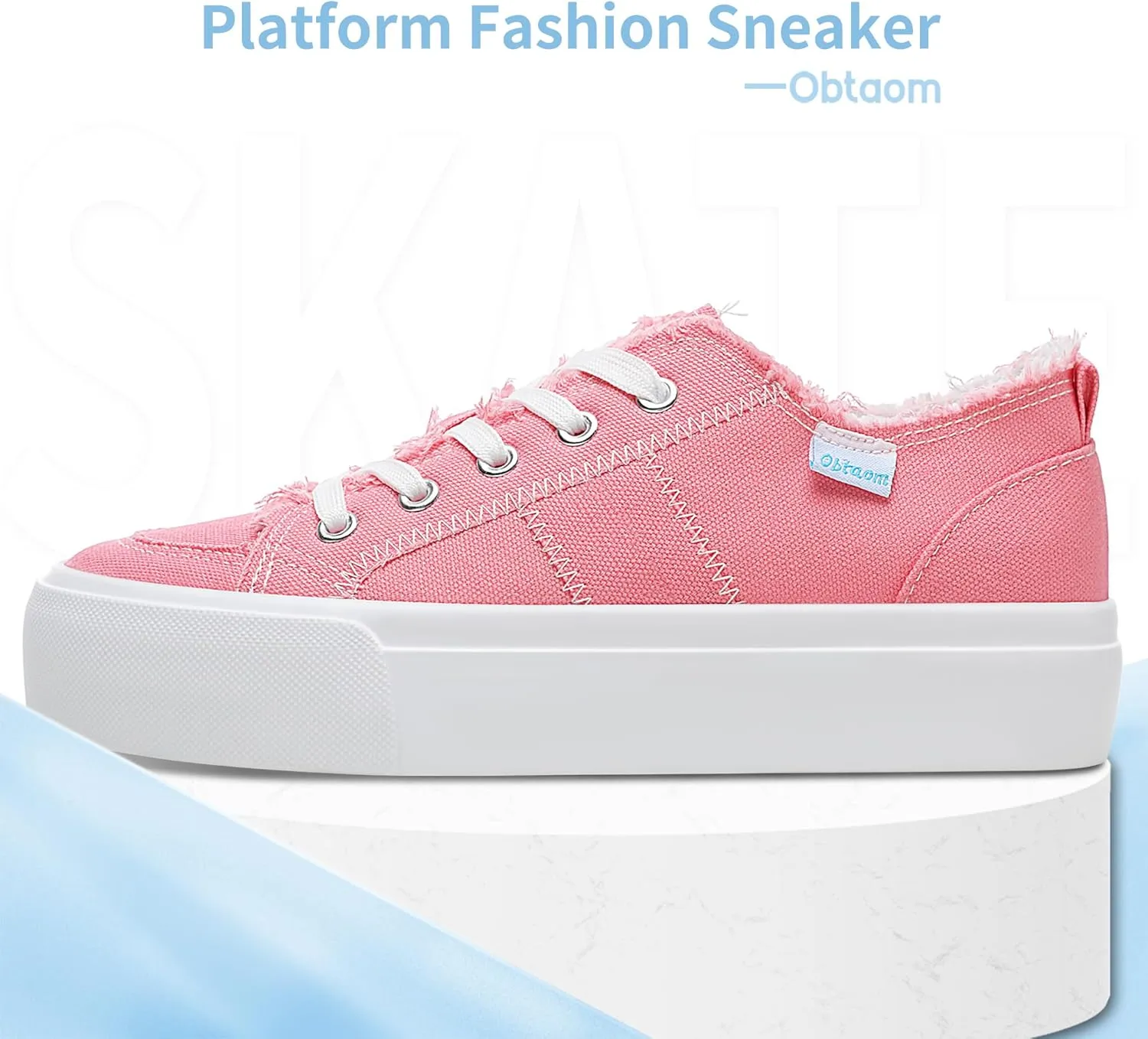 Obtaom Women Platform Canvas Sneakers White Comfort Play Fashion Sneakers Casual Lift Platform Lace Up Shoes Cute Low Top Walking Shoes for Lady
