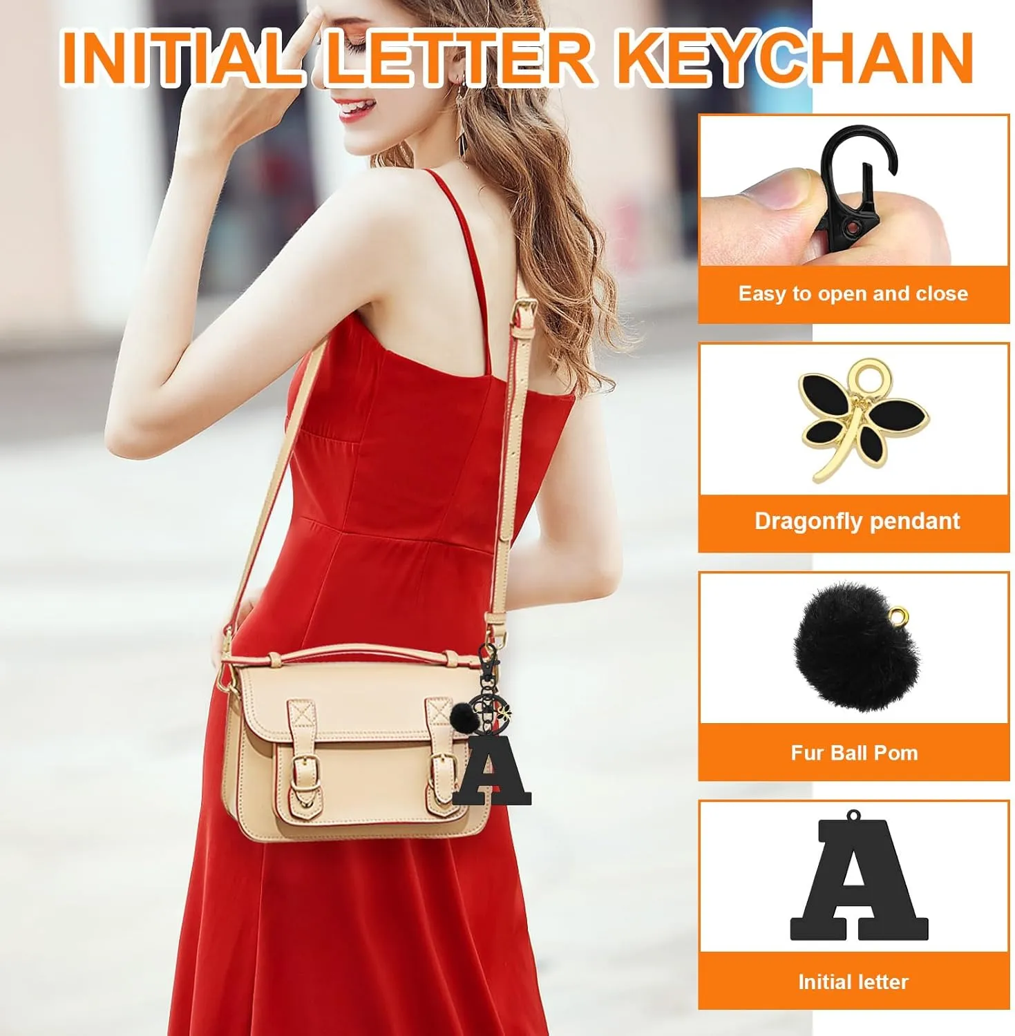 Oubaka Alphabet Initial Letter Keychain Cute Letter Keyring with Dragonfly and Ball Pom for Handbag Car Key Bag Keyring