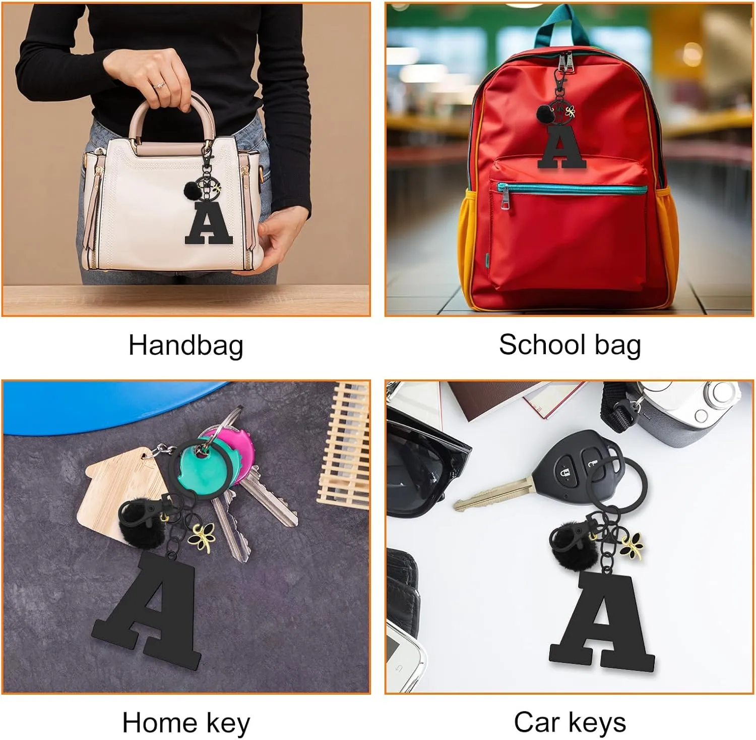 Oubaka Alphabet Initial Letter Keychain Cute Letter Keyring with Dragonfly and Ball Pom for Handbag Car Key Bag Keyring