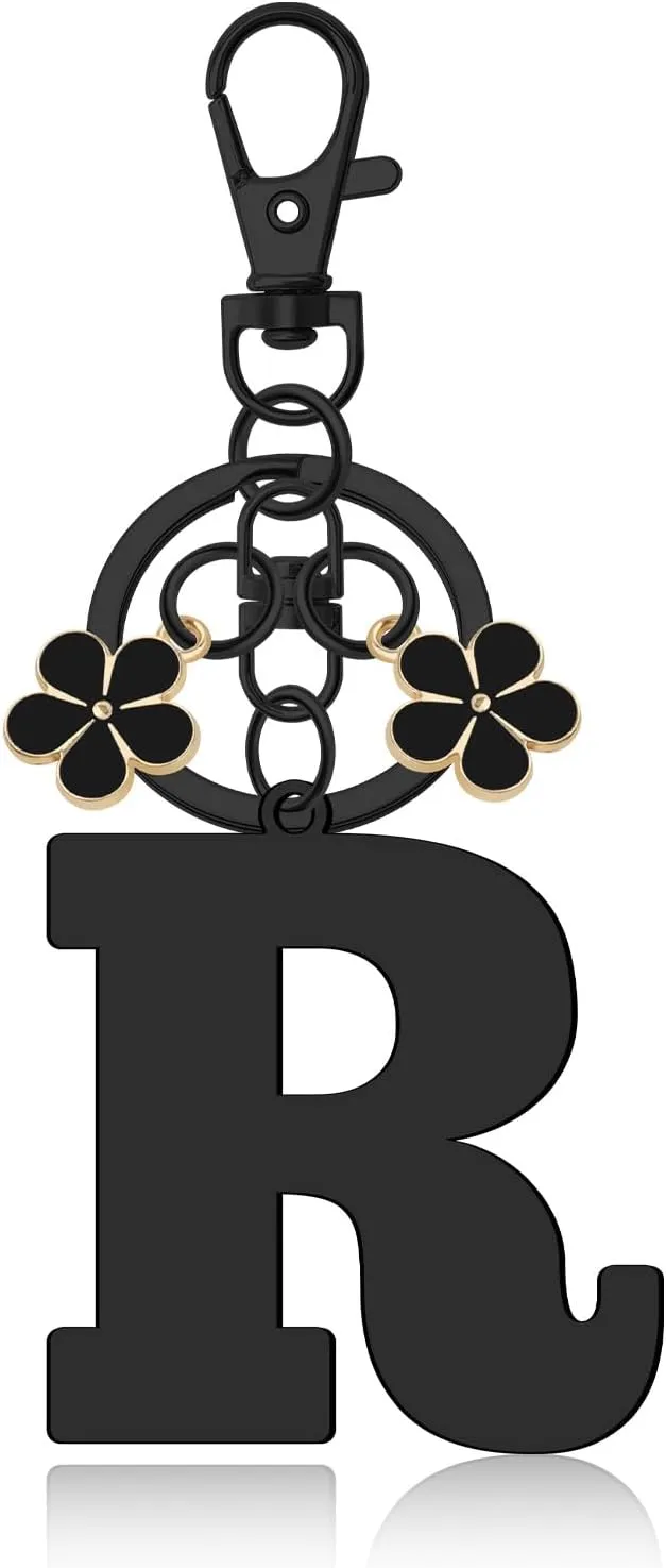 Oubaka Initial Keychain Black Flower Charms for Women Cute Letter Keyring for Handbags Backpacks Purse Car Keys