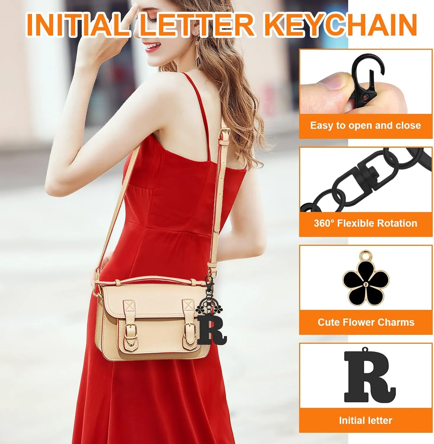 Oubaka Initial Keychain Black Flower Charms for Women Cute Letter Keyring for Handbags Backpacks Purse Car Keys