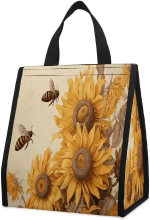 Outdoor Cooler Bags, Bees And Sunflowers Printed Cooler Bag, Insulated Tote Bag, Grocery Tote Bag