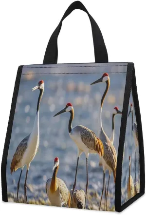Outdoor Cooler Bags, Red Heads Cranes Printed Cooler Bag, Insulated Tote Bag, Grocery Tote Bag