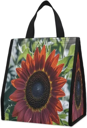 Outdoor Cooler Bags, Red Sunflower Printed Cooler Bag, Insulated Tote Bag, Grocery Tote Bag