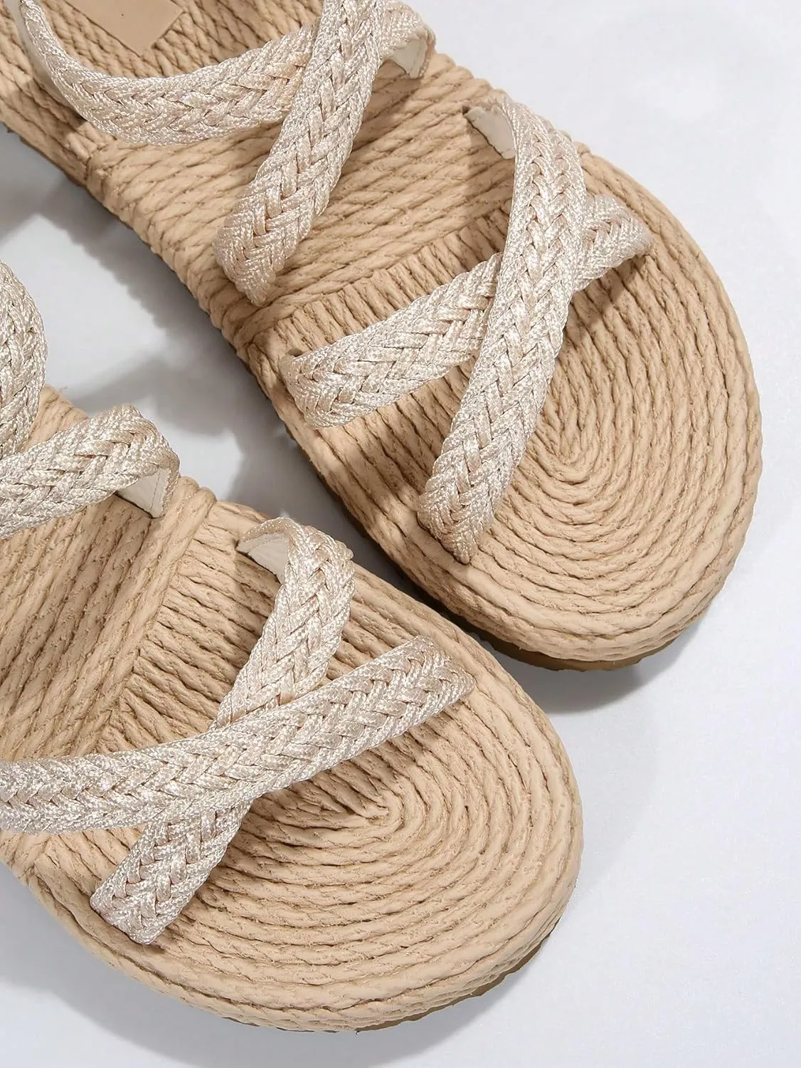 OYOANGLE Women's Straw Braided Criss Cross Strappy Open Toe Flat Sandals Boho Ankle Strap Slip on Beach Sandals