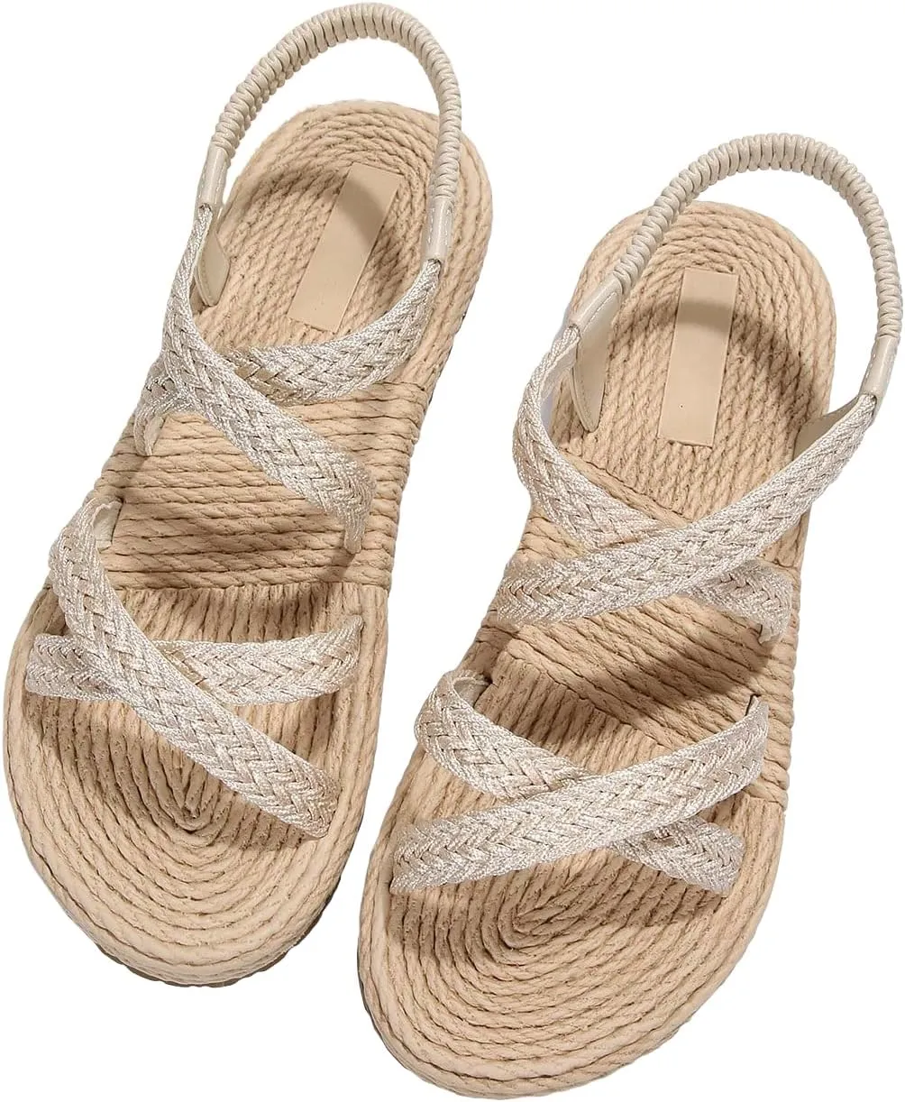 OYOANGLE Women's Straw Braided Criss Cross Strappy Open Toe Flat Sandals Boho Ankle Strap Slip on Beach Sandals