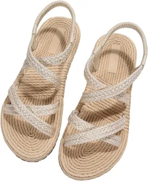 OYOANGLE Women's Straw Braided Criss Cross Strappy Open Toe Flat Sandals Boho Ankle Strap Slip on Beach Sandals