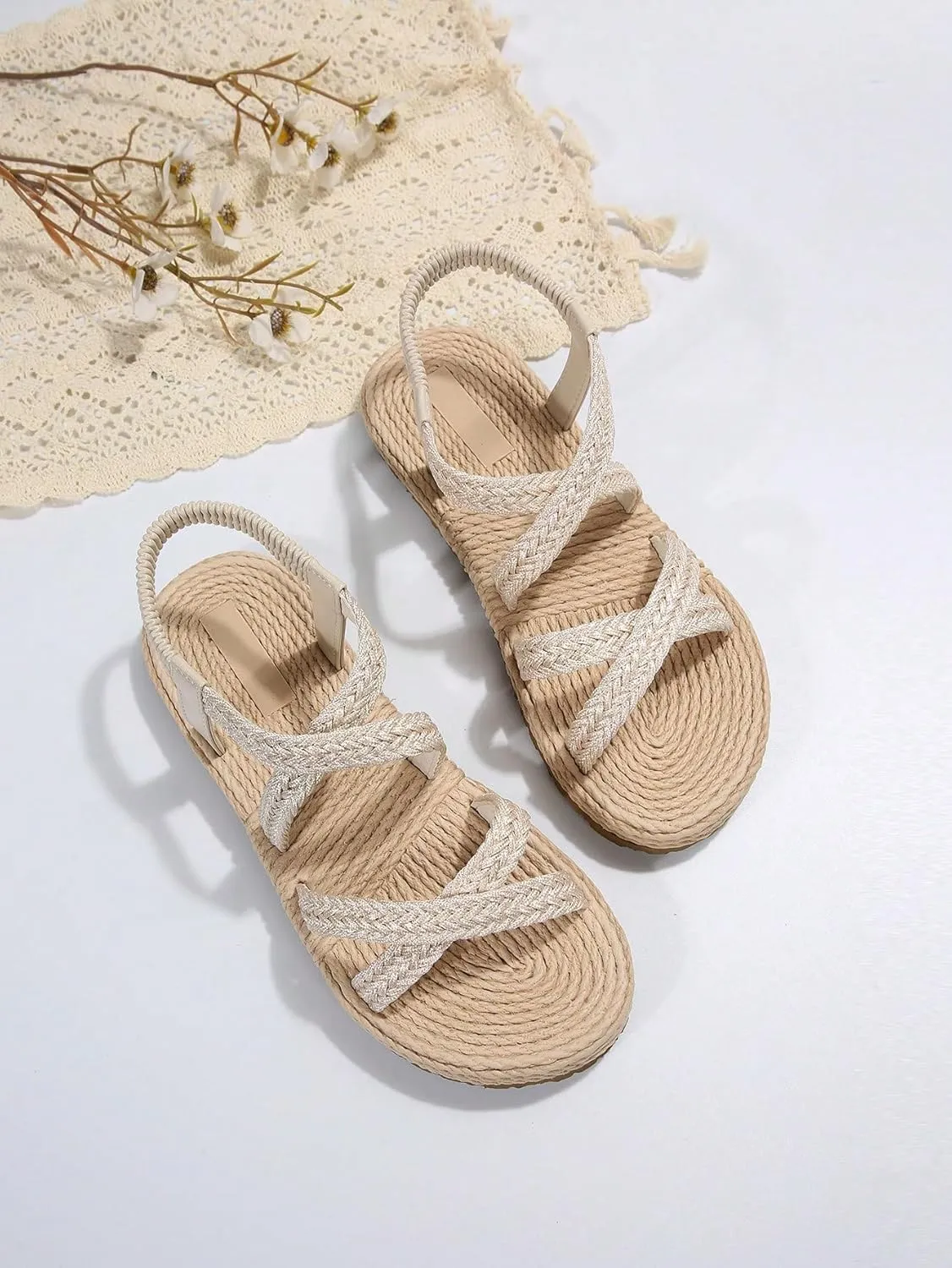 OYOANGLE Women's Straw Braided Criss Cross Strappy Open Toe Flat Sandals Boho Ankle Strap Slip on Beach Sandals