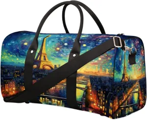Paris Eiffel Tower Travel Duffel Bag for Women Men, Starry Night Sport Tote Gym Bag Foldable Weekender Overnight Bag Waterproof Carry On Luggage Bag