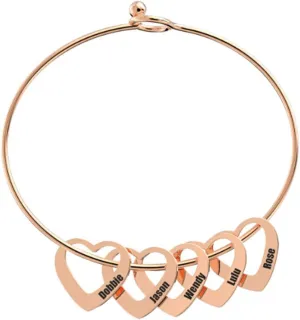 Personalized Bangle Bracelet with Heart Shape Name Pendants in Stainless Steel