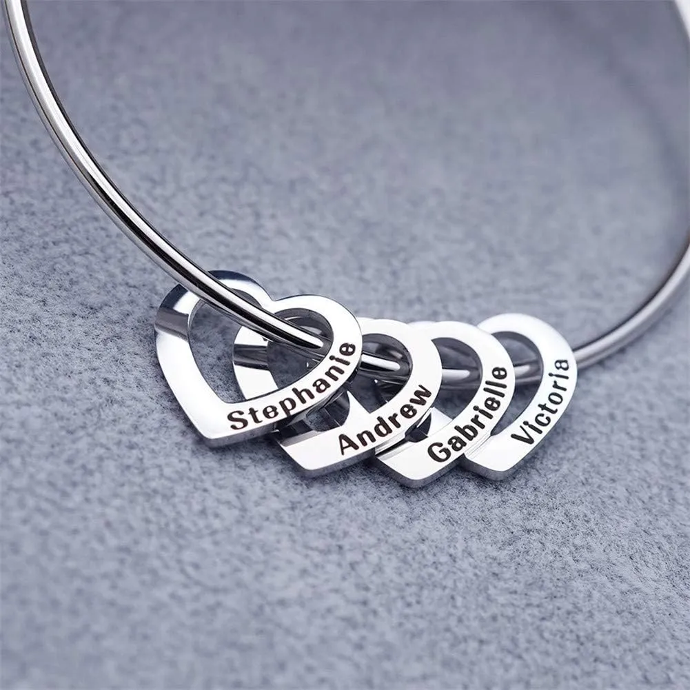 Personalized Bangle Bracelet with Heart Shape Name Pendants in Stainless Steel