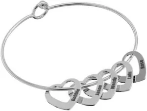 Personalized Bangle Bracelet with Heart Shape Name Pendants in Stainless Steel