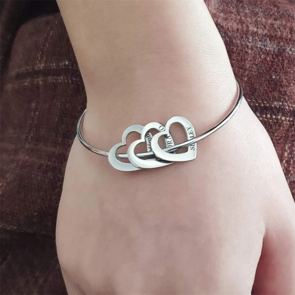 Personalized Bangle Bracelet with Heart Shape Name Pendants in Stainless Steel