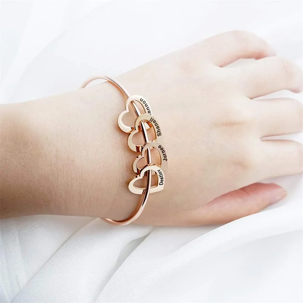 Personalized Bangle Bracelet with Heart Shape Name Pendants in Stainless Steel