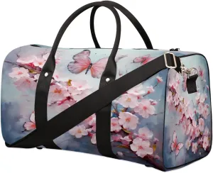 Pink Butterfly Flower Travel Duffel Bag for Women Men, Cherry Blossom Painted Sport Tote Gym Bag Foldable Weekender Overnight Bag Waterproof Carry On Luggage Bag