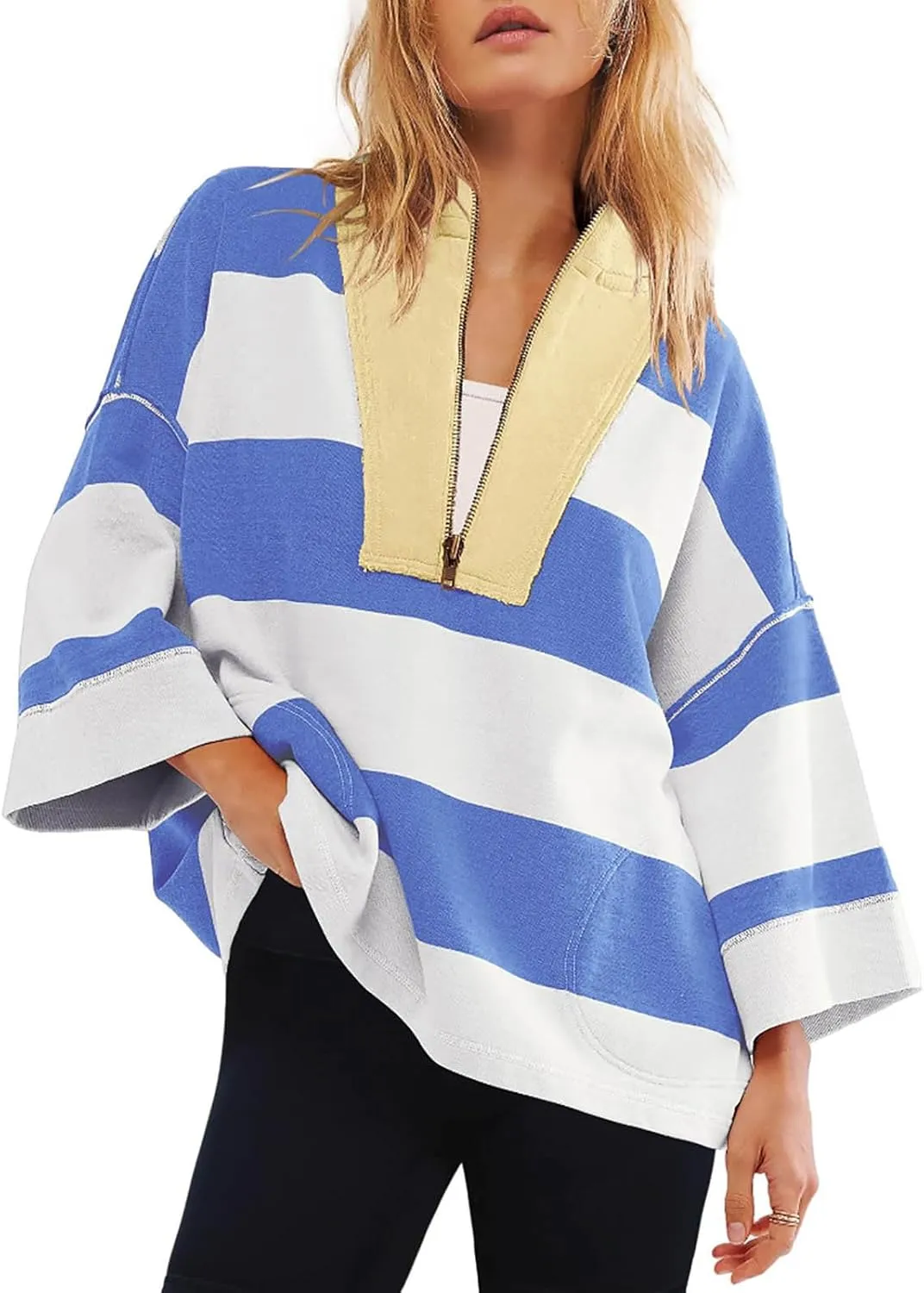 Plus Size Tops for Women Striped Half Zip Sweatshirts Long Sleeve Color Block Fashion Pullover Jackets with Pockets