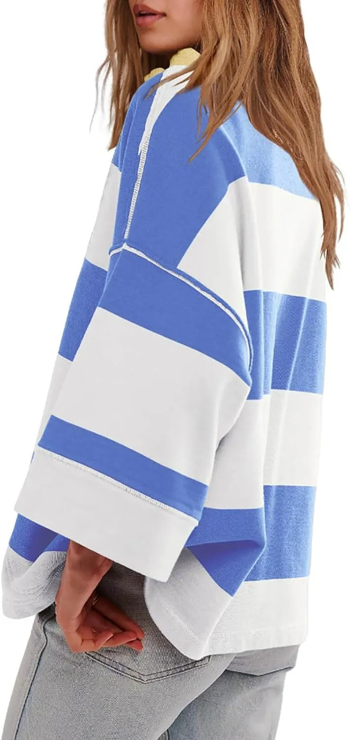 Plus Size Tops for Women Striped Half Zip Sweatshirts Long Sleeve Color Block Fashion Pullover Jackets with Pockets