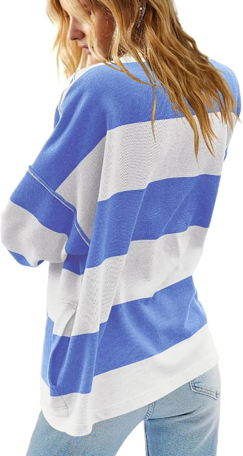 Plus Size Tops for Women Striped Half Zip Sweatshirts Long Sleeve Color Block Fashion Pullover Jackets with Pockets