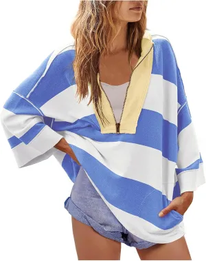 Plus Size Tops for Women Striped Half Zip Sweatshirts Long Sleeve Color Block Fashion Pullover Jackets with Pockets