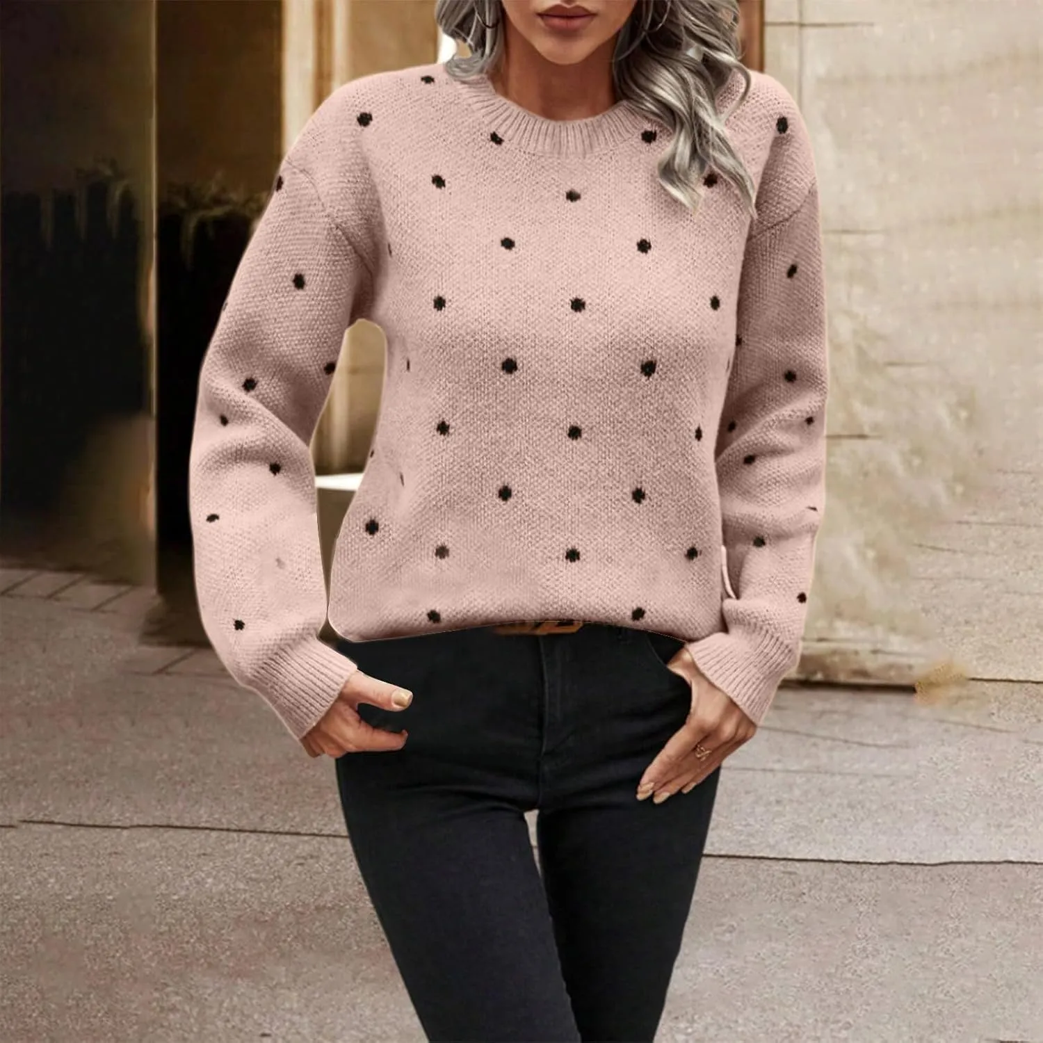 Polka Dot Sweater for Women Casual Long Sleeve Crewneck Pullover Shirt Fashion 2024 Winter Outfits Loose Warm Clothes
