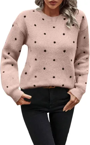 Polka Dot Sweater for Women Casual Long Sleeve Crewneck Pullover Shirt Fashion 2024 Winter Outfits Loose Warm Clothes
