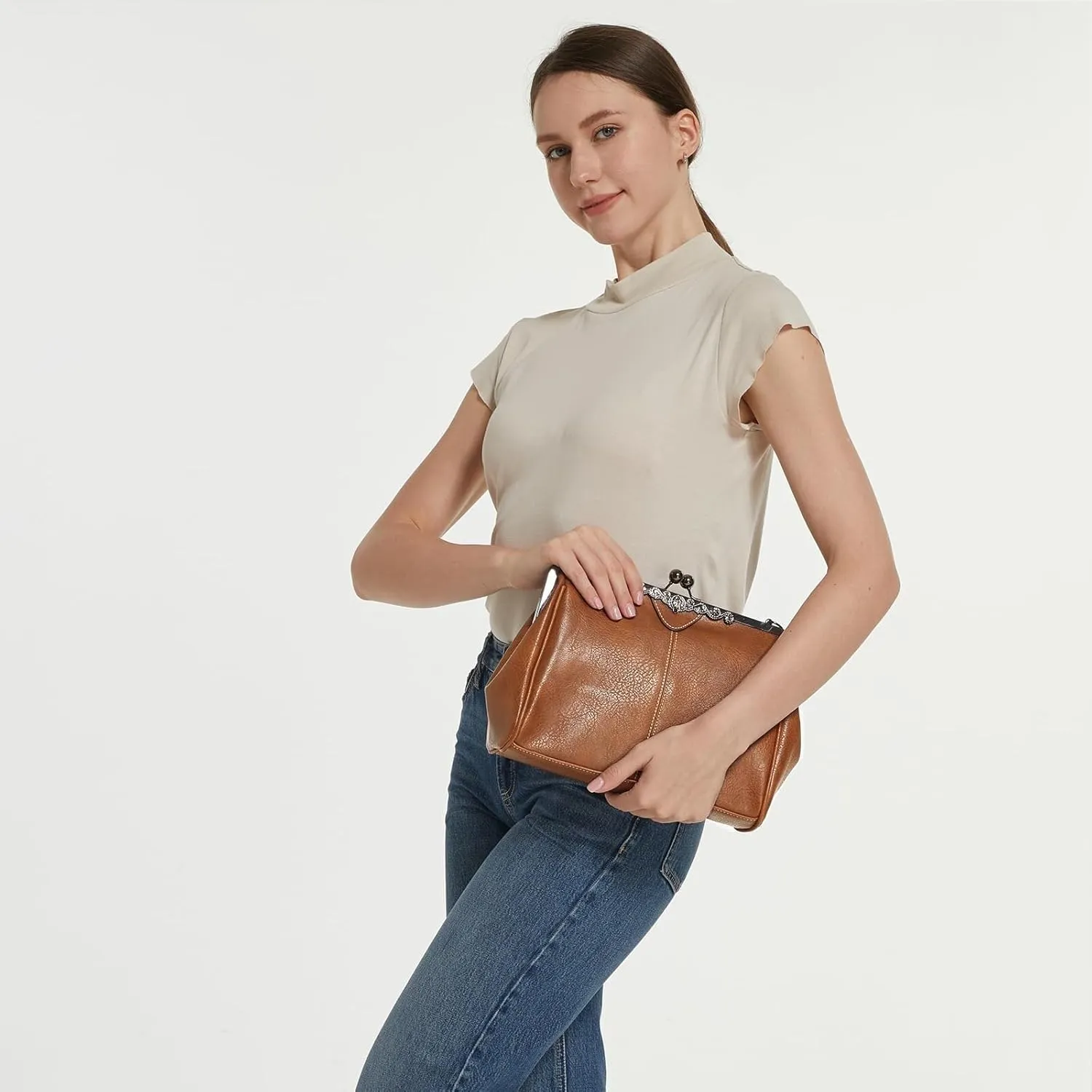 PU Leather Handbags for Women Evening Clutch Satchel Purse Tote Women Vintage Kiss Lock