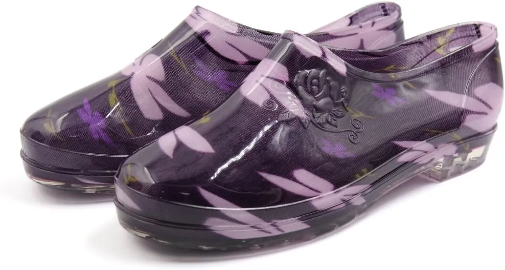 Qtqgoitem Purple US 6 Floral Pattern Low Heel Resistant Waterproof Rain Boots Wellies Ankle Shoes for Women (Model: a61 6c5 0f3 730 7ee)