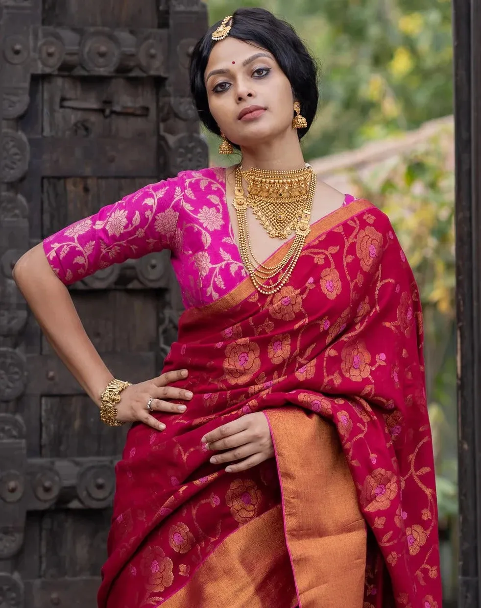 Readymade Pink Silk Elbow Sleeve Designer Blouse With V Neck