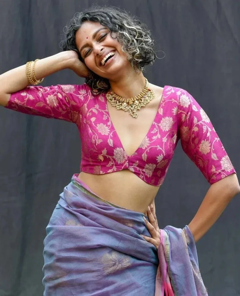 Readymade Pink Silk Elbow Sleeve Designer Blouse With V Neck
