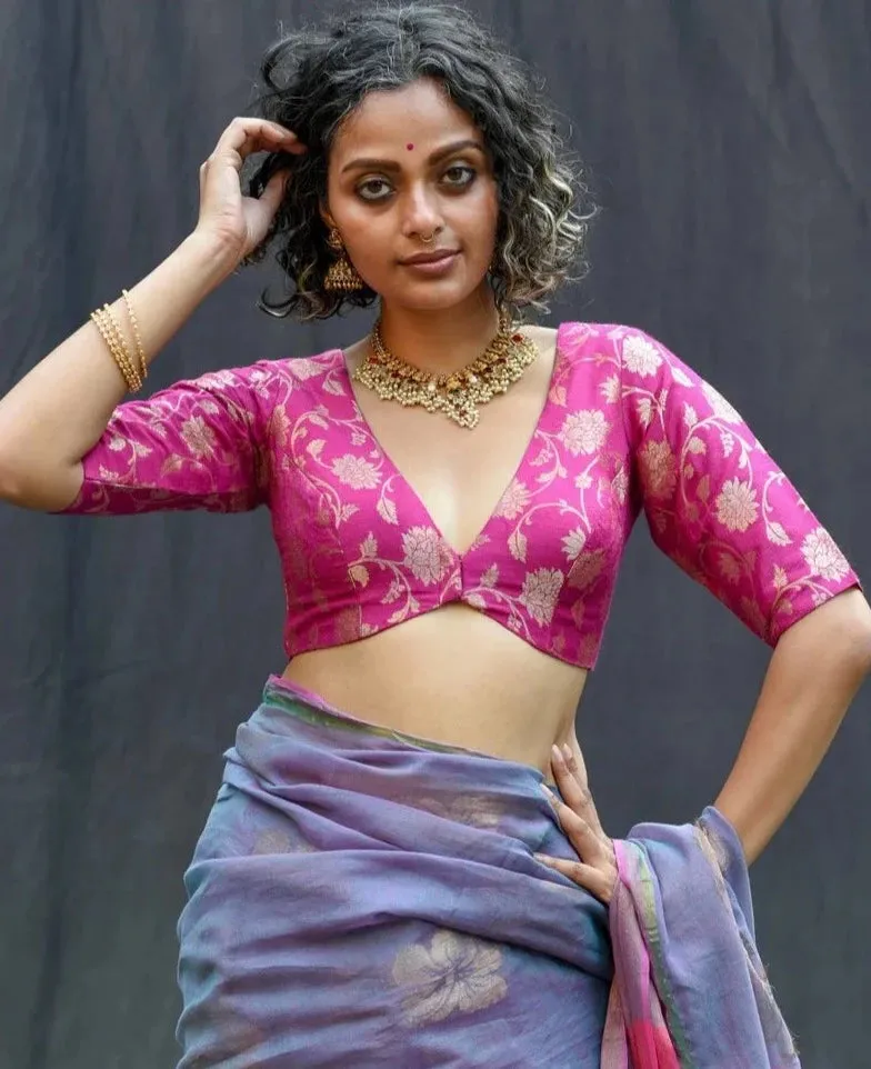 Readymade Pink Silk Elbow Sleeve Designer Blouse With V Neck