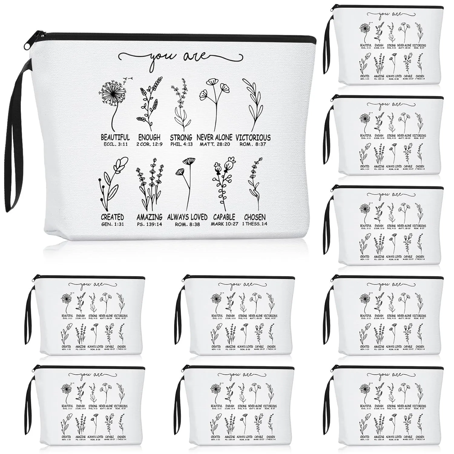 Reginary 10 Pcs Christian Gifts for Women Bulk Religious Cosmetic Bag Inspirational Bible Verse Floral Makeup Bag Motivational Quotes with Zipper for Women Sister Church Members(White)