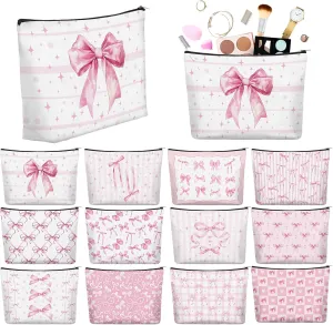 Reginary 12 Pcs Pink Bow Makeup Bags Coquette Bow Cosmetic Bags with Zippers Coquette Party Favors Pink Elegant Pouch Bulk Aesthetic Gifts for Women Nurse Birthday Stuff Supplies Travel Accessory