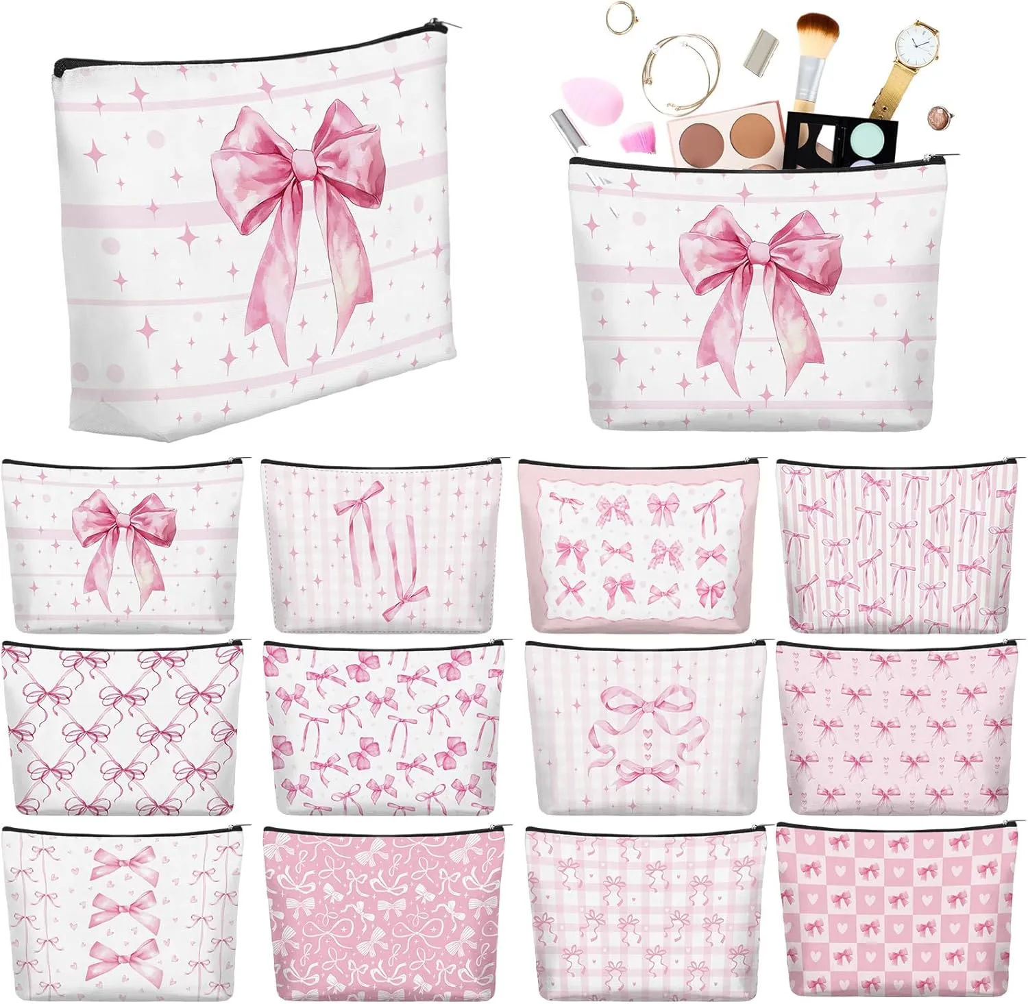 Reginary 12 Pcs Pink Bow Makeup Bags Coquette Bow Cosmetic Bags with Zippers Coquette Party Favors Pink Elegant Pouch Bulk Aesthetic Gifts for Women Nurse Birthday Stuff Supplies Travel Accessory