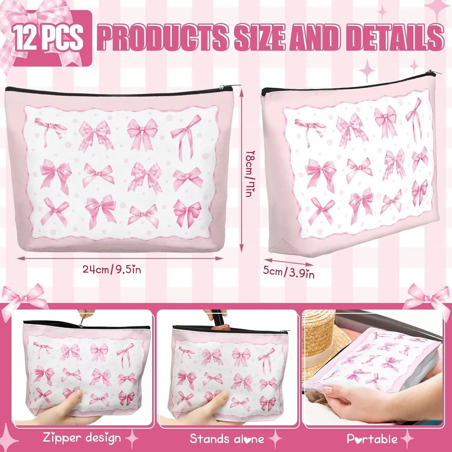 Reginary 12 Pcs Pink Bow Makeup Bags Coquette Bow Cosmetic Bags with Zippers Coquette Party Favors Pink Elegant Pouch Bulk Aesthetic Gifts for Women Nurse Birthday Stuff Supplies Travel Accessory