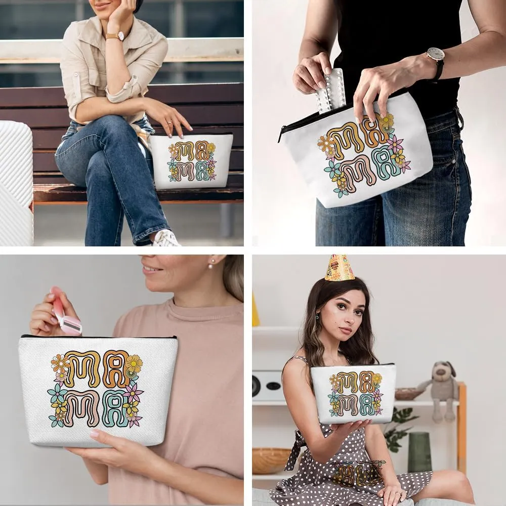 Retro Flower Mama Makeup Bag Mama Gifts Mom Gifts Mom Birthday Gifts from Daughter Mothers Day Christmas Appreciation Cosmetic Bag Make up Bag Pouch Travel Toiletry Bag for Women New Mom Mum Mommy