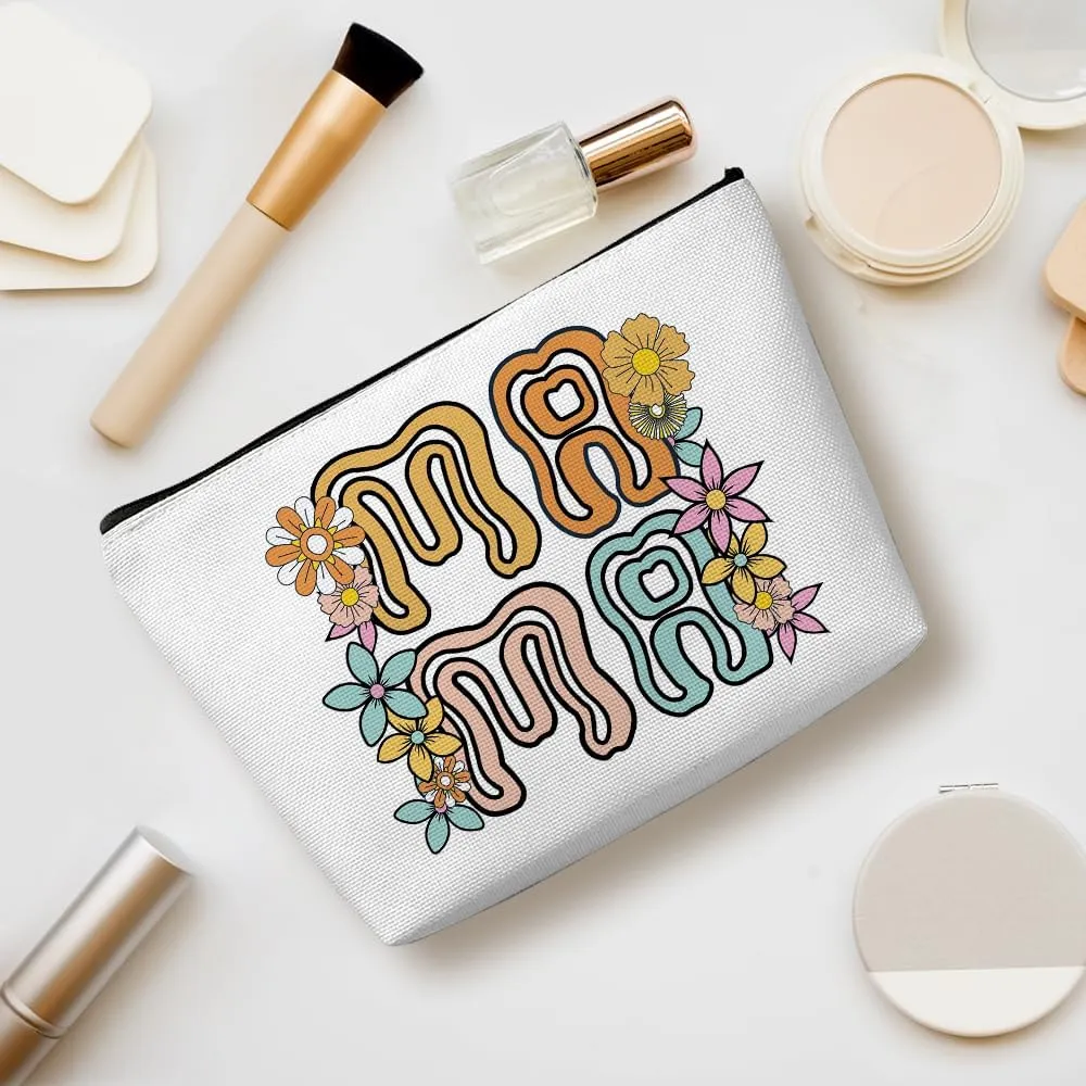 Retro Flower Mama Makeup Bag Mama Gifts Mom Gifts Mom Birthday Gifts from Daughter Mothers Day Christmas Appreciation Cosmetic Bag Make up Bag Pouch Travel Toiletry Bag for Women New Mom Mum Mommy