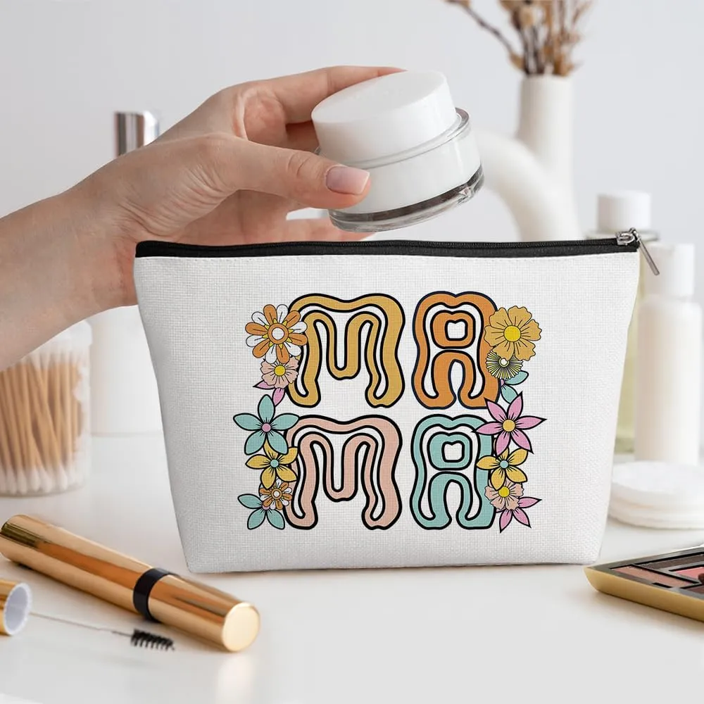 Retro Flower Mama Makeup Bag Mama Gifts Mom Gifts Mom Birthday Gifts from Daughter Mothers Day Christmas Appreciation Cosmetic Bag Make up Bag Pouch Travel Toiletry Bag for Women New Mom Mum Mommy